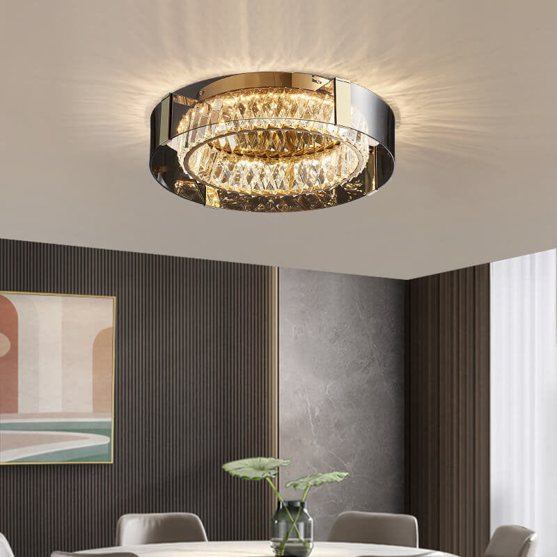 Modern Light Luxury Stainless Steel Plating Crystal Hardware Circle LED Flush Mount Ceiling Light for Living Room