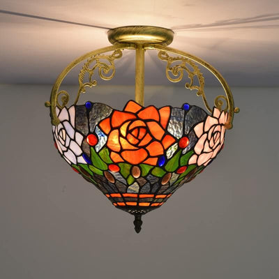 Tiffany European Stained Glass Rose Design 2-Light Semi-Flush Mount Light