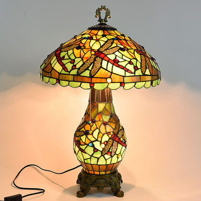 European Tiffany Green Dragonfly Oval Base 3-Light Table Lamp