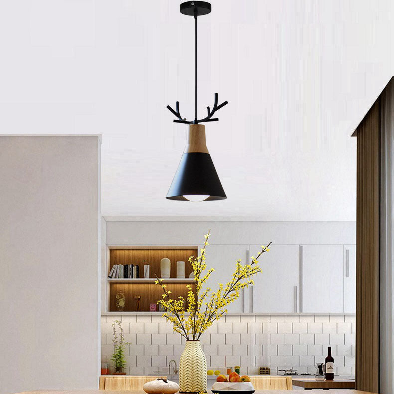 Modern Minimalist Antler Wood Iron Cone 1-Light Pendant Light For Living Room