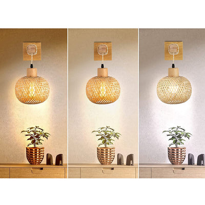 Japanese Vintage Round Head Rattan Weaving 1-Light Wall Sconce Lamp