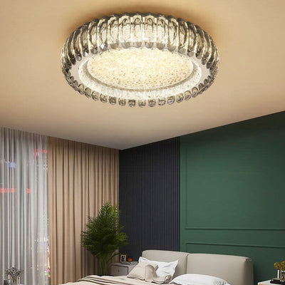 European Light Luxury Round Crystal Stainless Steel LED Flush Mount Lighting