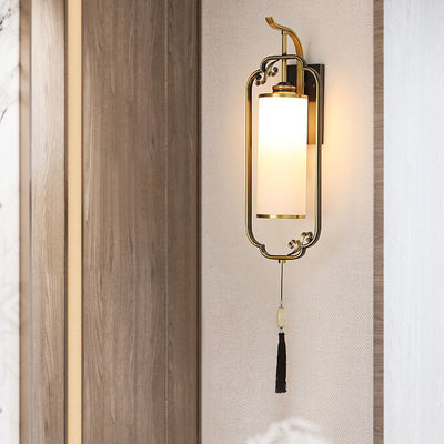 Modern Chinese Brass Glass Column 1-Light Wall Sconce Lamp