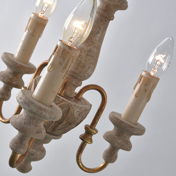 Vintage French Solid Wooden Iron Candle Holder 3-Light Chandelier