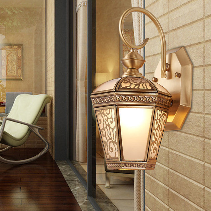 European Luxury Brass Hexagonal Lantern 1-Light Wall Sconce Lamp