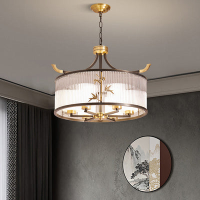 Chandelier traditionnel chinois à cadre en cuivre avec abat-jour en verre nervuré 4/6/8 lumières pour salon 