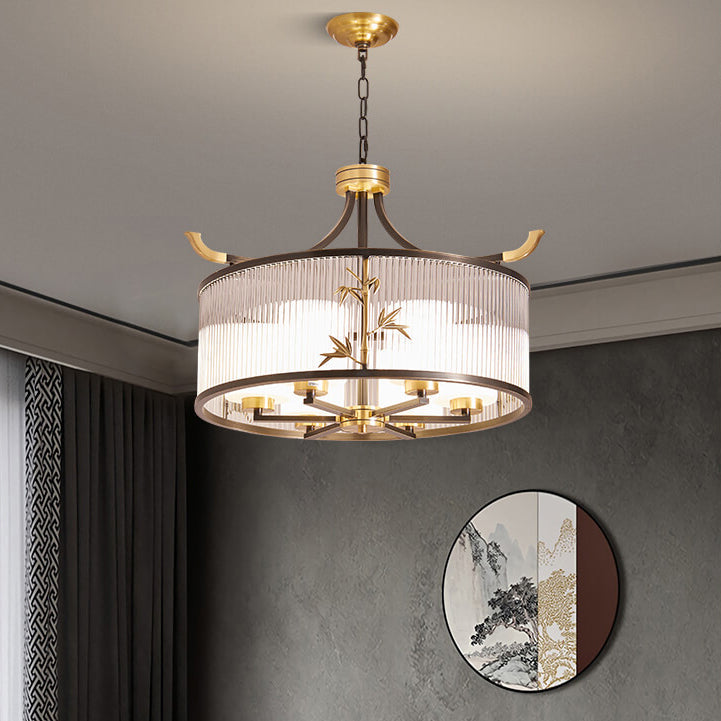 Chandelier traditionnel chinois à cadre en cuivre avec abat-jour en verre nervuré 4/6/8 lumières pour salon 