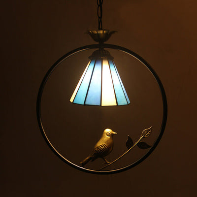 Vintage Tiffany Runde Eisen Buntglas Vogel 1-Licht Pendelleuchte 