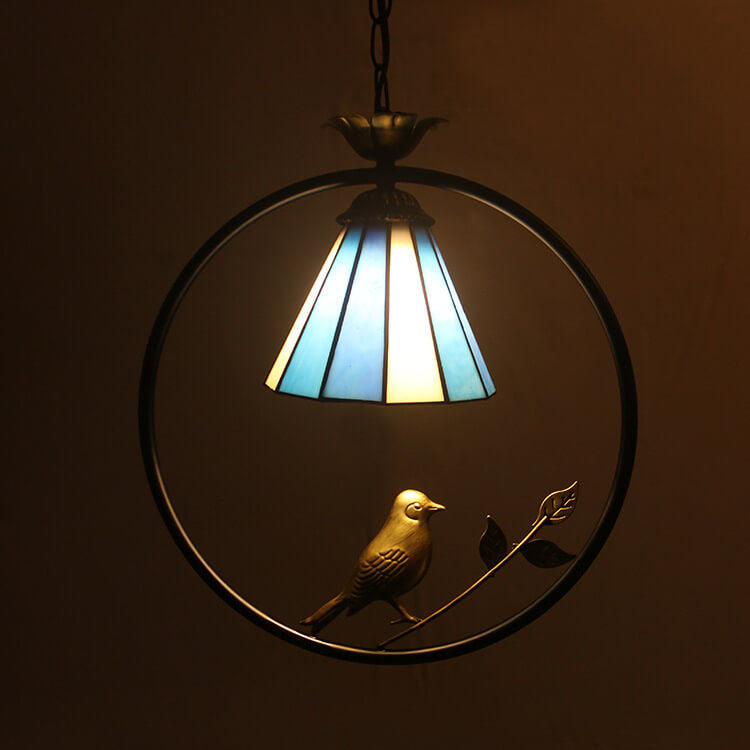 Vintage Tiffany Round Iron Stained Glass Bird 1-Light Pendant Light