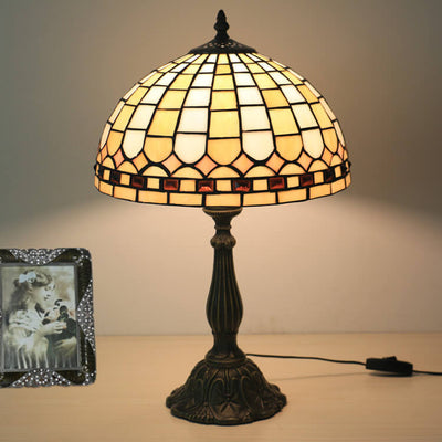 European Tiffany Yellow Plaid Stained Glass Dome 1-Light Table Lamp