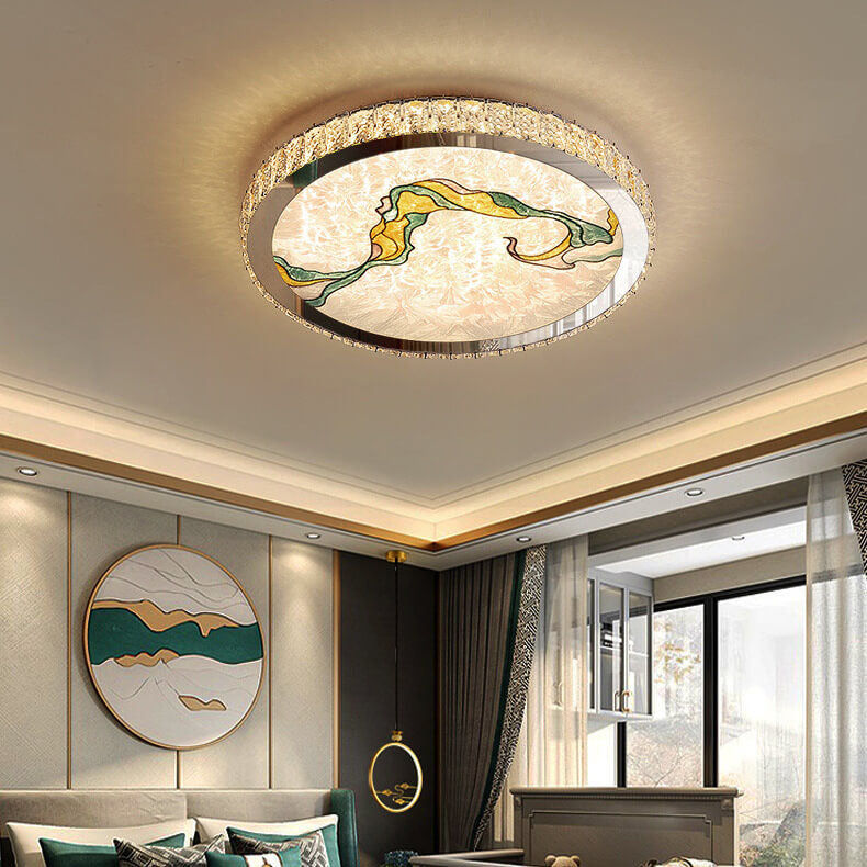 Modern Luxury Enamel Crystal Round LED Flush Mount Ceiling Light