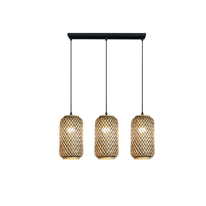 Lámpara colgante lineal de 3 luces con columna de bambú y hierro, estilo moderno minimalista, para comedor 