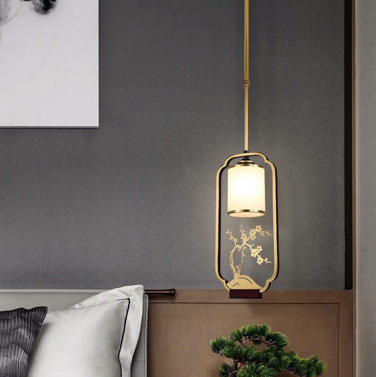 Traditional Chinese Glass Brass Solid Wood Shade Ring Brass Zen 1-Light Pendant Light for Living Room Bedroom