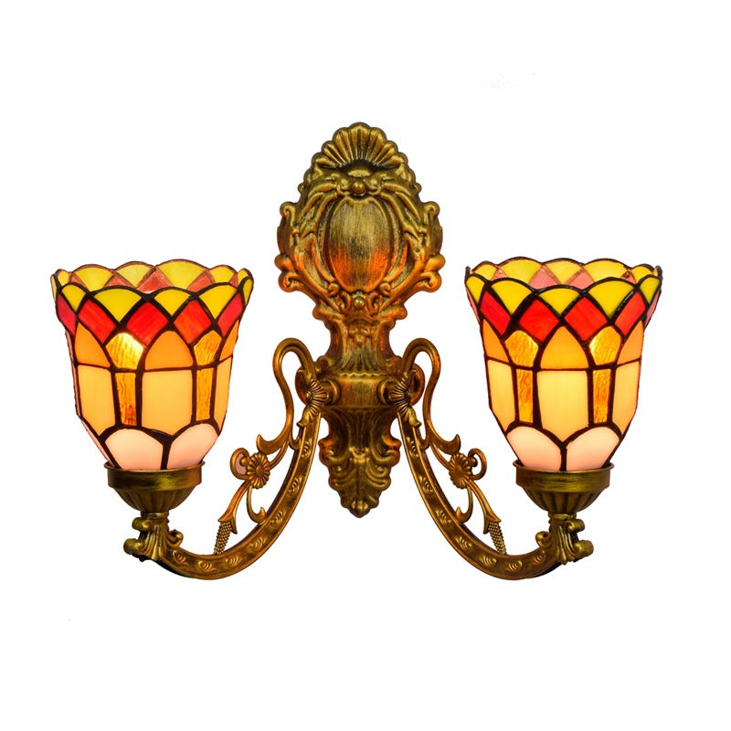 European Tiffany Stained Lattice Glass Bell Shade 2-Light Wall Sconce Lamp