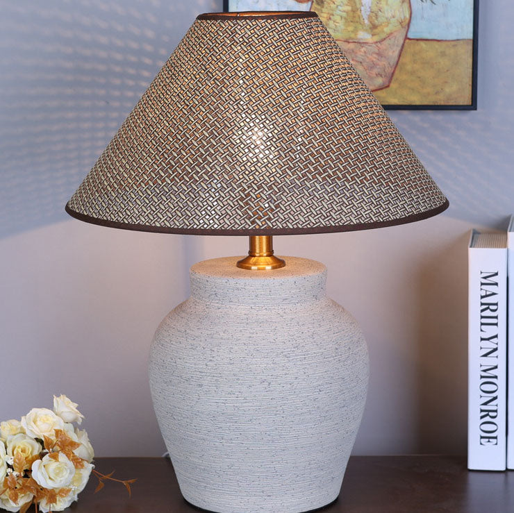 Chinesische Retro-Vase Basis Keramik Leinen 1-Licht Tischlampe 