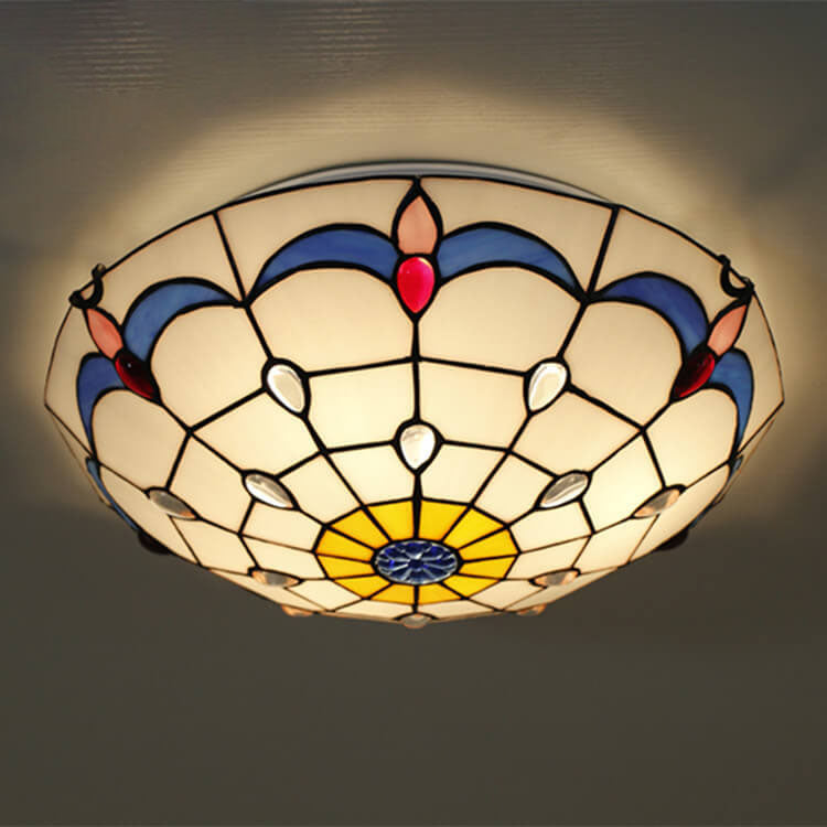 Tiffany Vintage Round Gemstone Stained Glass 3/4 Light Flush Mount Ceiling Light