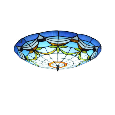 European Stained Glass Tiffany Round Various Pattern Designs 3-Light Flush Mount Light