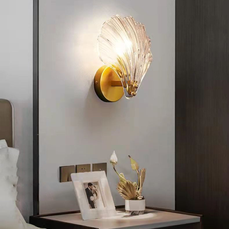 Contemporary Luxury Shell Glass Brass Finish Frame 1-Light Wall Sconce Lamp For Bedroom