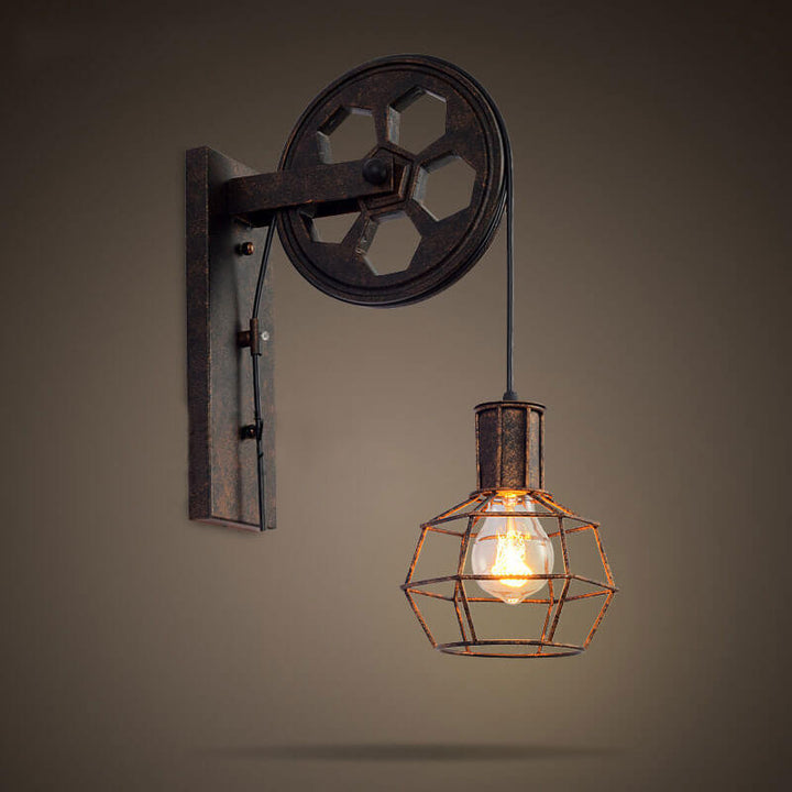 Traditional Vintage Pulley Iron Wood 1-Light Wall Sconce Lamp