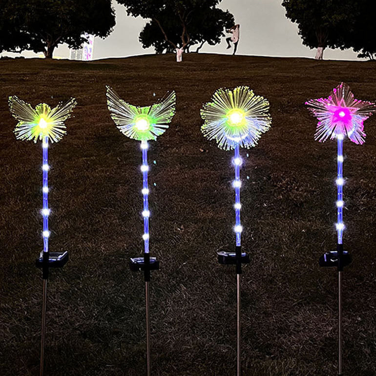 إضاءة المناظر الطبيعية للزهور في الحديقة بالطاقة الشمسية LED بألياف بصرية مضادة للماء على شكل فراشة ونجمة وقمر 