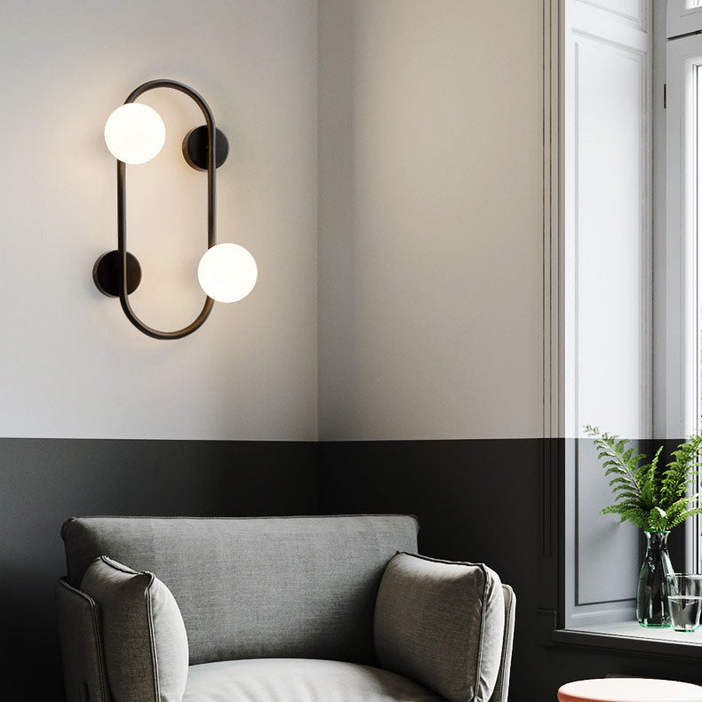 Aplique de pared contemporáneo nórdico de hierro con bola de cristal y aro ovalado de 2 luces para sala de estar 
