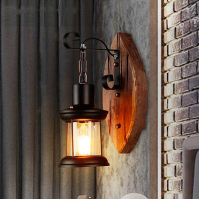 Glass Iron Lampshade Wooden Base 1-Light Cylinder Sconce Lamp