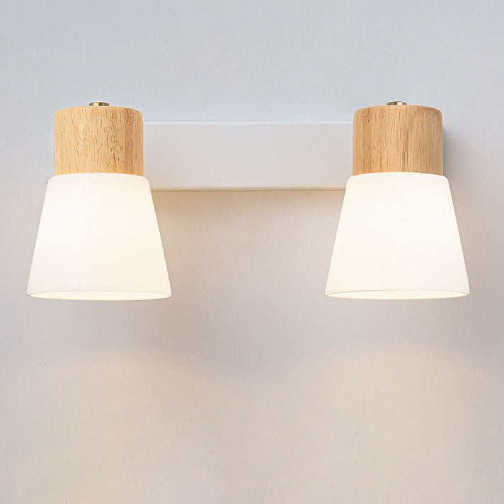 Modern Minimalist Rubberwood Glass Cone Rotatable 1/2 Light Wall Sconce Lamp For Living Room &amp; Bedroom