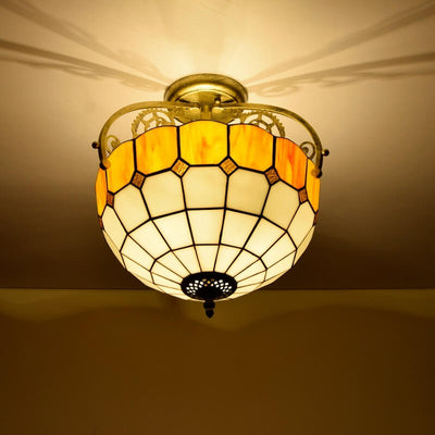 Tiffany European Mediterranean Yellow Glass Bowl 2-Light Semi-Flush Mount Ceiling Light