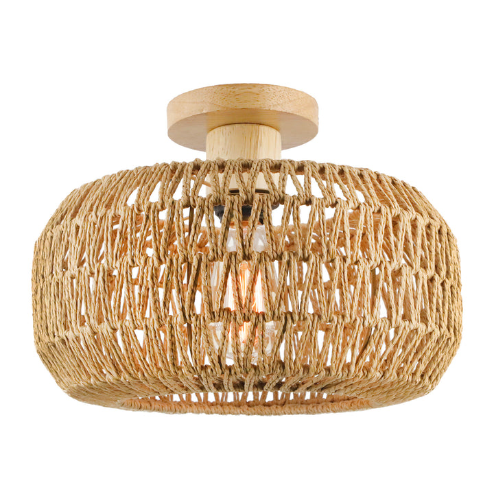 Contemporary Boho Paper Rope Twine Weaving Drum 1-Light Semi-Flush Mount Ceiling Light For Living Room