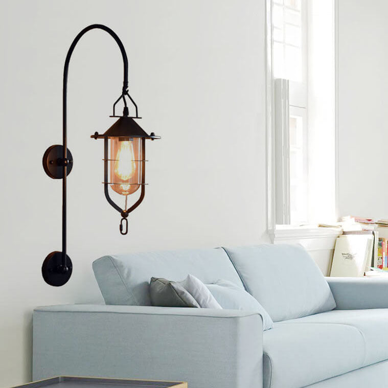 Contemporary Industrial Iron Glass Cage Curved Arm 1-Light Wall Sconce Lamp For Living Room &amp; Bedroom