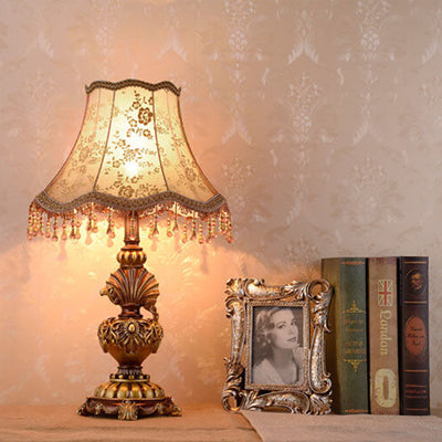 European Vintage Fabric Tassel Resin Court 1-Light Table Lamp