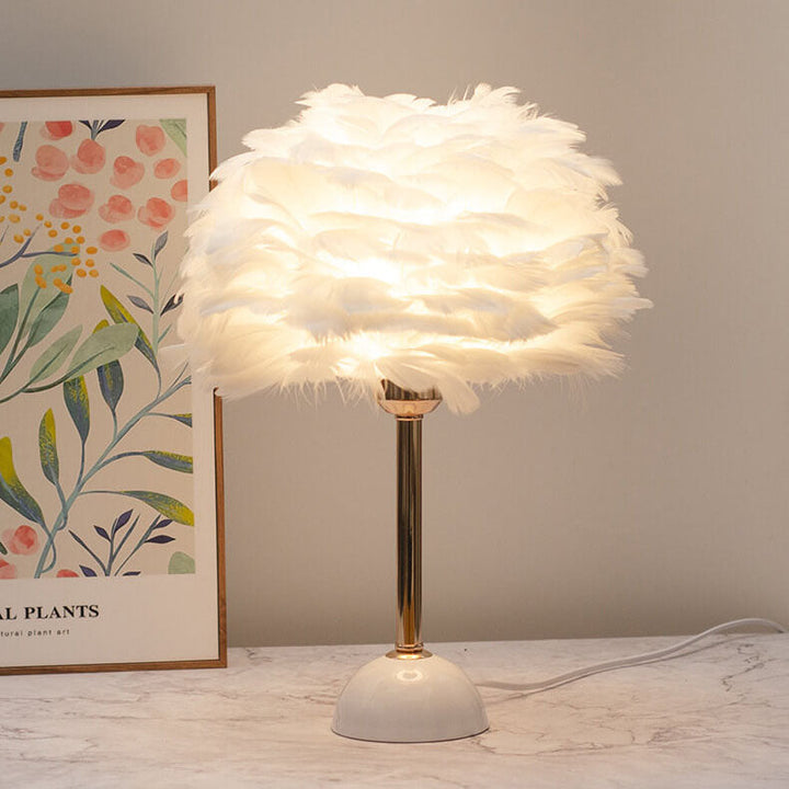 Modern Art Deco Feather Iron Round Shade Gold Pole 1-Light Table Lamp for Bedroom