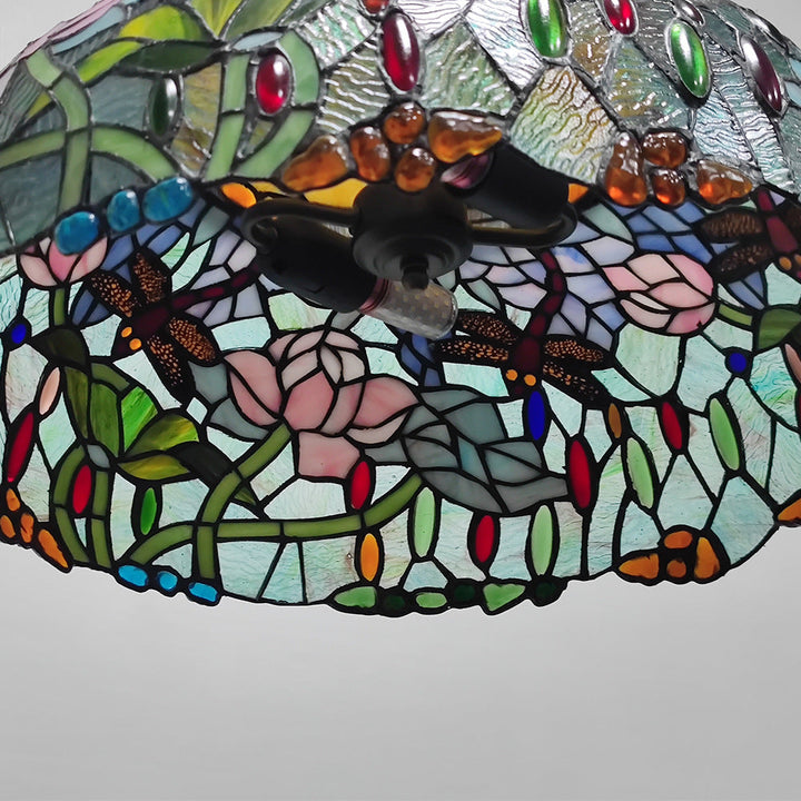 Traditioneller Tiffany-Dom-Wandglas-Rund-Dragonfly-Blumen-2-Licht-Kronleuchter für das Wohnzimmer 