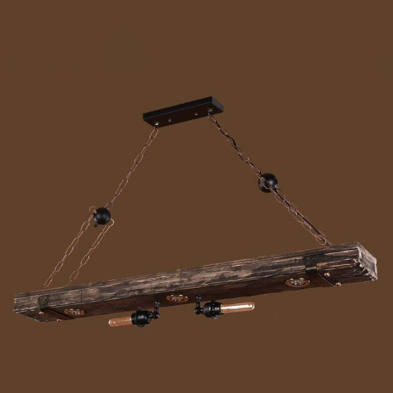 Lámpara de araña rectangular de madera y hierro industrial retro de 5 luces para isla 