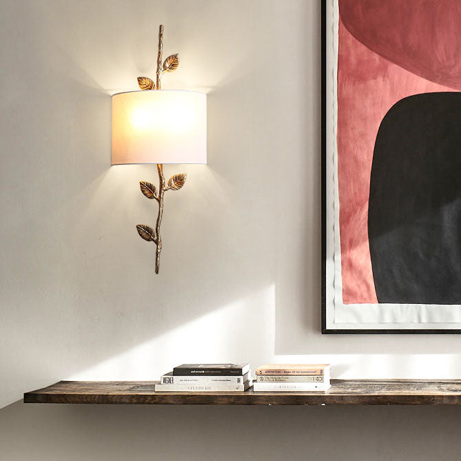 Modern Luxury Copper Branch Leaf Fabric 2-Light Wall Sconce Lamp For Living Room