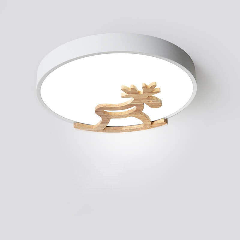 Macaron Creative Wooden Horse Shape Round LED Kids Flush Mount Ceiling Light