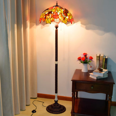 Tiffany Vintage Colorful Leaf Pattern Glass 3-Light Standing Floor Lamp