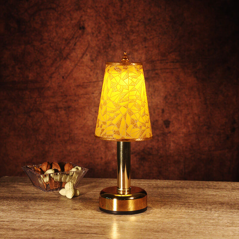 Lámpara de Mesa con Luz Nocturna LED Recargable de Metal Cónica con Tela Floral Vintage 