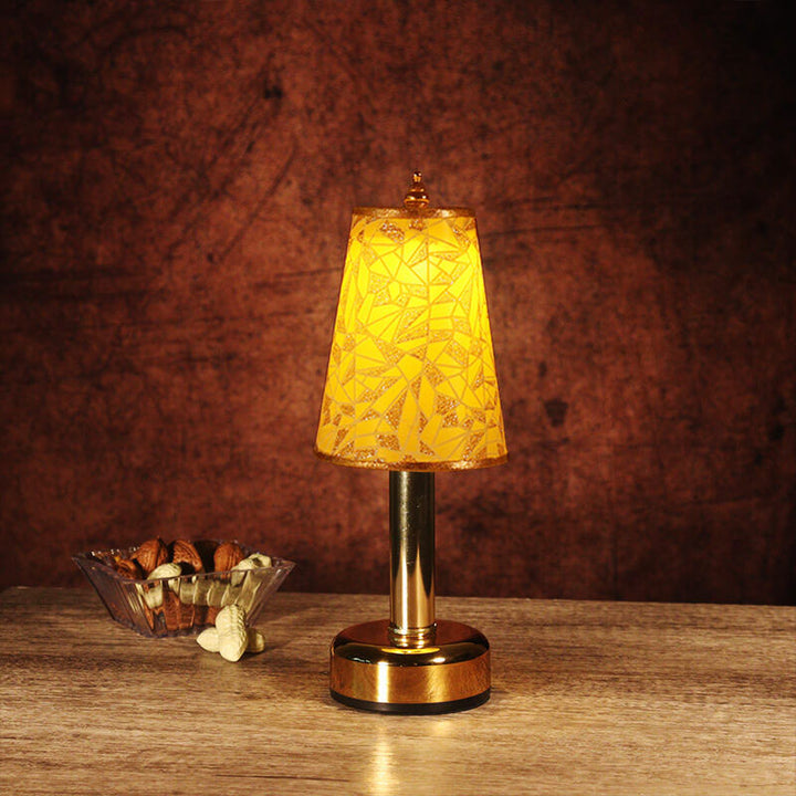 Lámpara de Mesa con Luz Nocturna LED Recargable de Metal Cónica con Tela Floral Vintage 