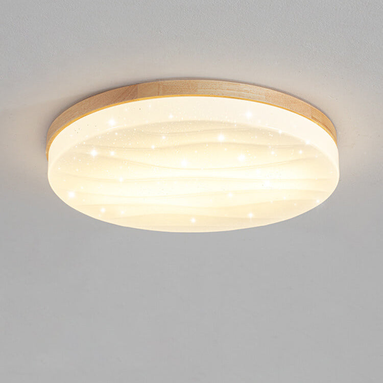 Modern Minimalist Solid Wood Edging PVC Round Shade LED Flush Mount Ceiling Light For Living Room