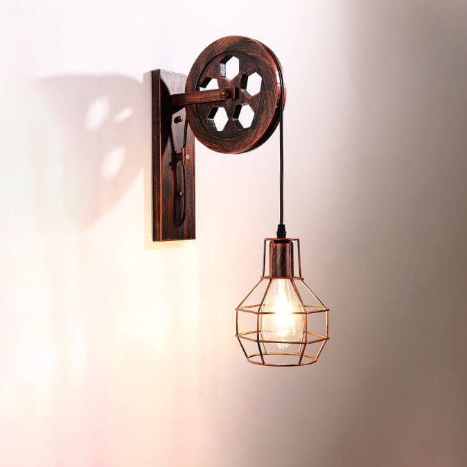 Applique murale 1 lumière avec cage à poulie en fer industriel vintage 