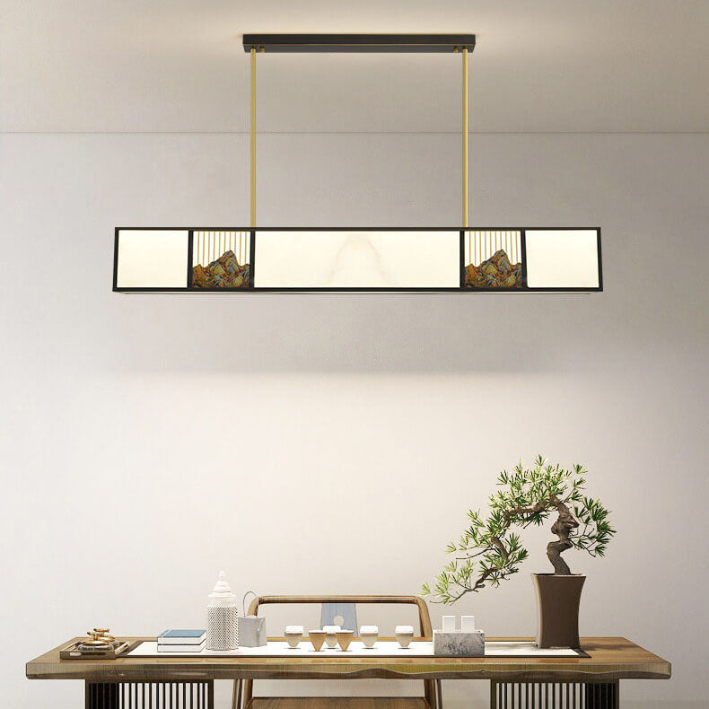 Traditional Chinese Copper Carved Decorative Acrylic Rectangular Shade LED Island Light Pendant Light For Living Room