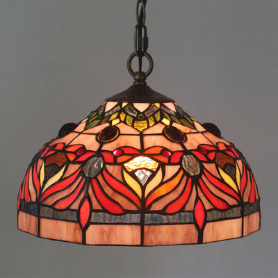 Vintage Tiffany Red Flower Stained Glass Dome 1-Light Pendant Light