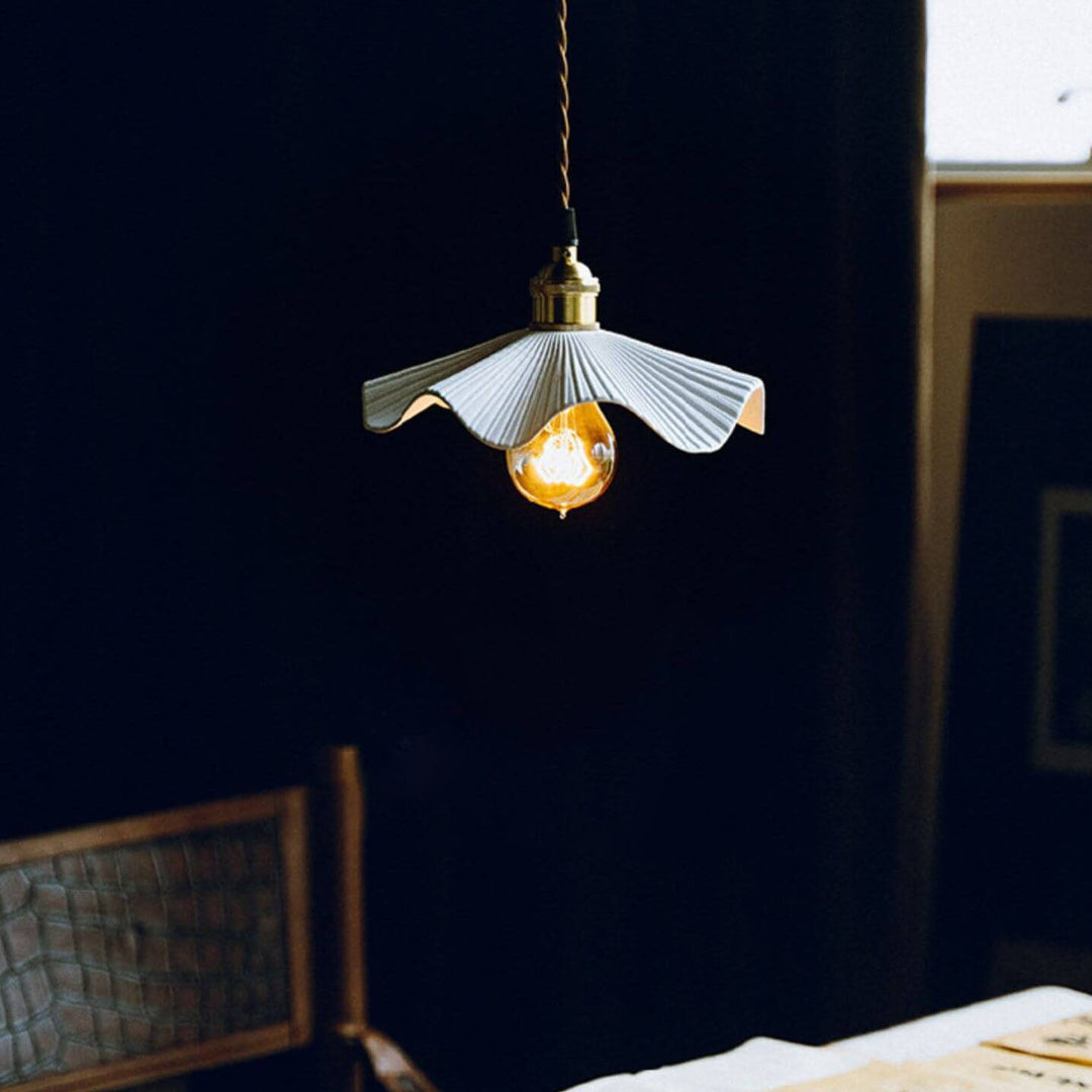 Traditional Vintage Ceramic Waves Scalloped Copper 1-Light Pendant Light For Living Room