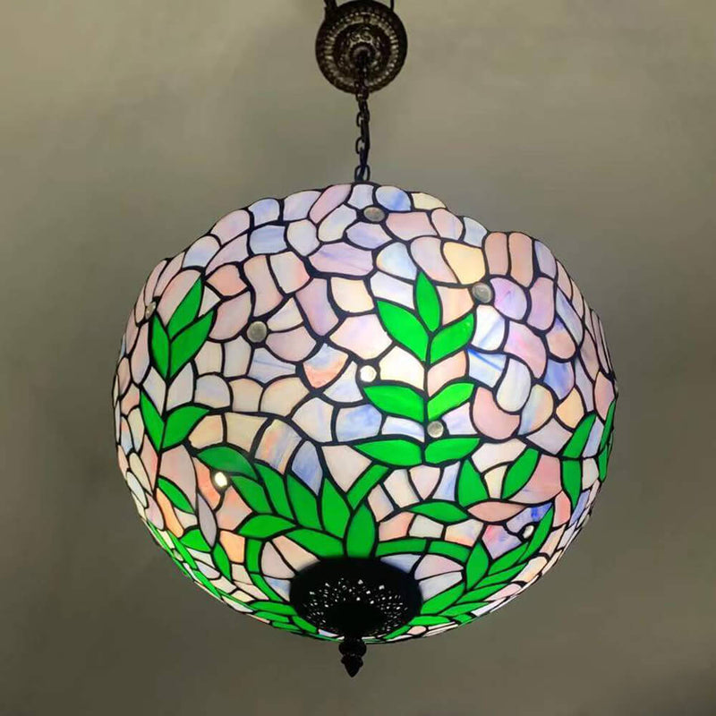 Vintage Tiffany Violet Stained Glass Round 3-Light Chandelier