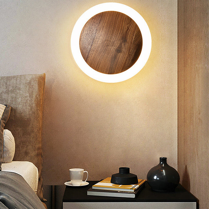 Traditionelle japanische schwarze Walnuss-LED-Wandleuchte mit rundem Schirm für Wohnzimmer 