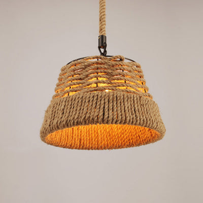 Vintage Industrial Hemp Rope Cone Straw Hat 1-Light Pendant Light