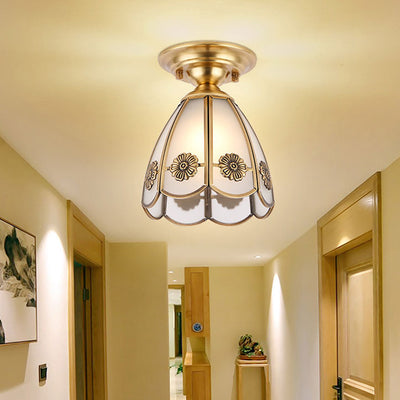 European Luxury Brass Glass Cone 1-Light Semi-Flush Mount Ceiling Light