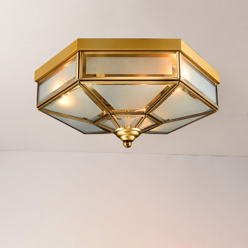 Traditional European Polygonal All Copper Glass 3/4 Light Flush Mount Ceiling Light For Living Room