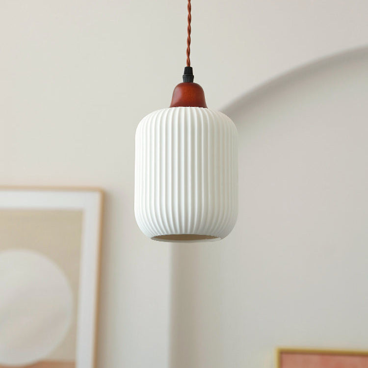 Japanese Vintage Pleated Ceramic Round Dome Wood 1-Light Pendant Light